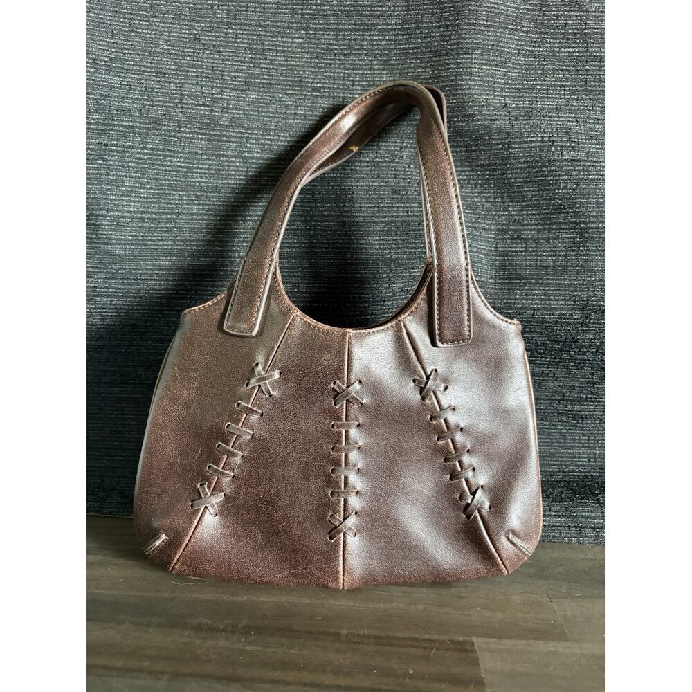Q&A Brown Leather Handbag Shoulder Bag Whipstitch Lace-up Detail Boho Western